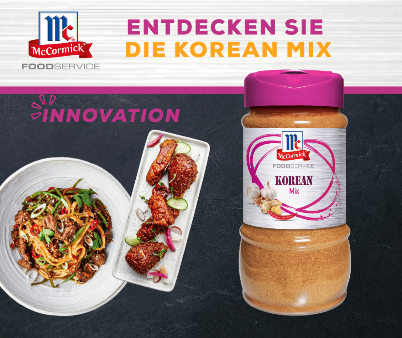 Auf einem weiß-rosa Hintergrund ist ein Glas „McCormick Korean Mix“ neben Tellern mit koreanischen Gerichten zu sehen, darüber stehen die Worte „Entdecken Sie den Korean Mix“ und „Innovation“.