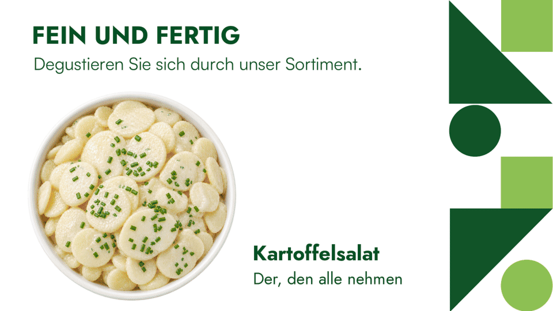 Eine Schüssel mit Kartoffelsalat aus Kartoffelscheiben, garniert mit Schnittlauch, mit einem deutschen Werbetext für das Produkt.