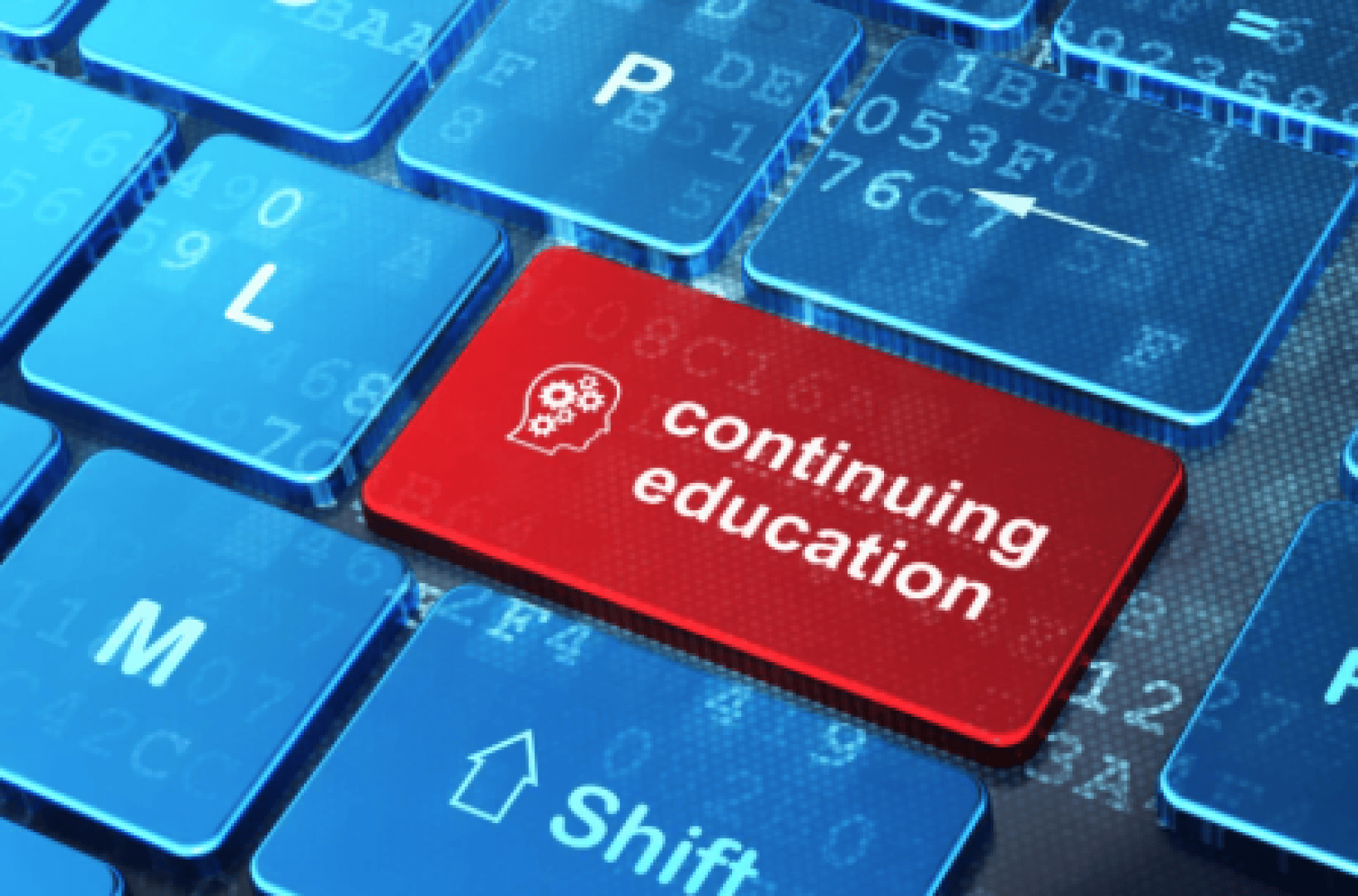 Eine rote Computertaste mit der Aufschrift Weiterbildung und einem Symbol aus einem Gehirn und einem Zahnrad, umgeben von blauen Tastaturtasten.