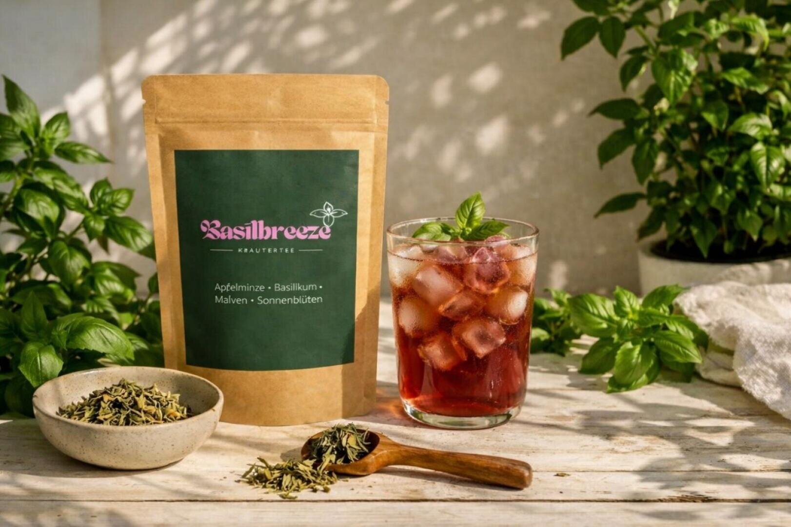 Ein Beutel Basilbreeze-Kräutertee neben einer Schale mit losem Tee, einer Holzschaufel und einem Glas Eistee, garniert mit Basilikum.