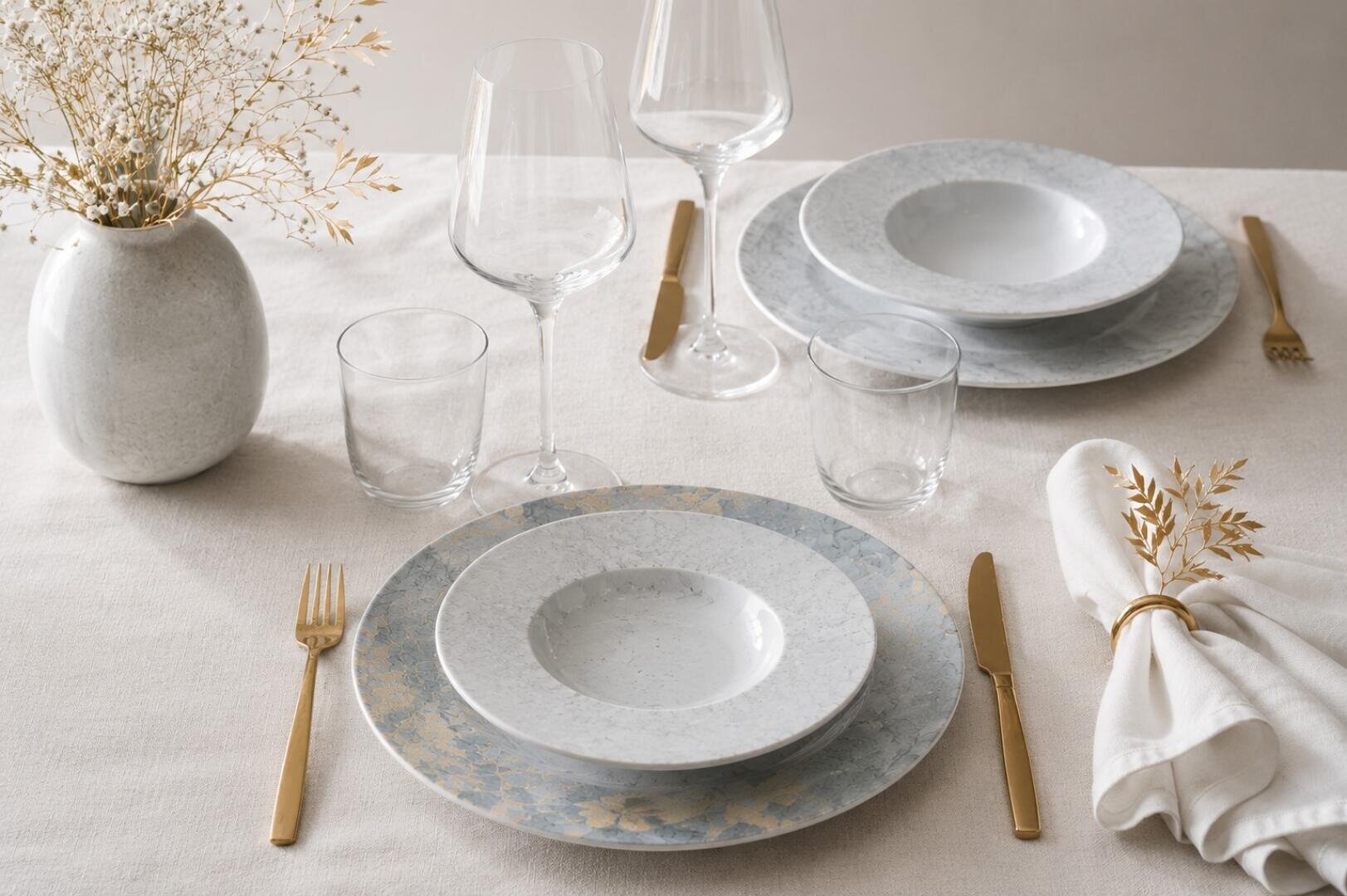 Eine elegante Tischdekoration mit weißen und goldenen Tellern, goldenem Besteck, klaren Gläsern, Weingläsern, einer weißen Serviette mit goldenem Ring und einer Vase mit Trockenblumen auf einer cremefarbenen Tischdecke.