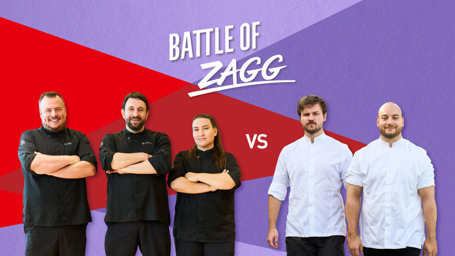 Fünf Köche stehen in zwei Teams – drei in schwarzen Uniformen und zwei in weißen – unter der Überschrift Battle of ZAGG vs..
