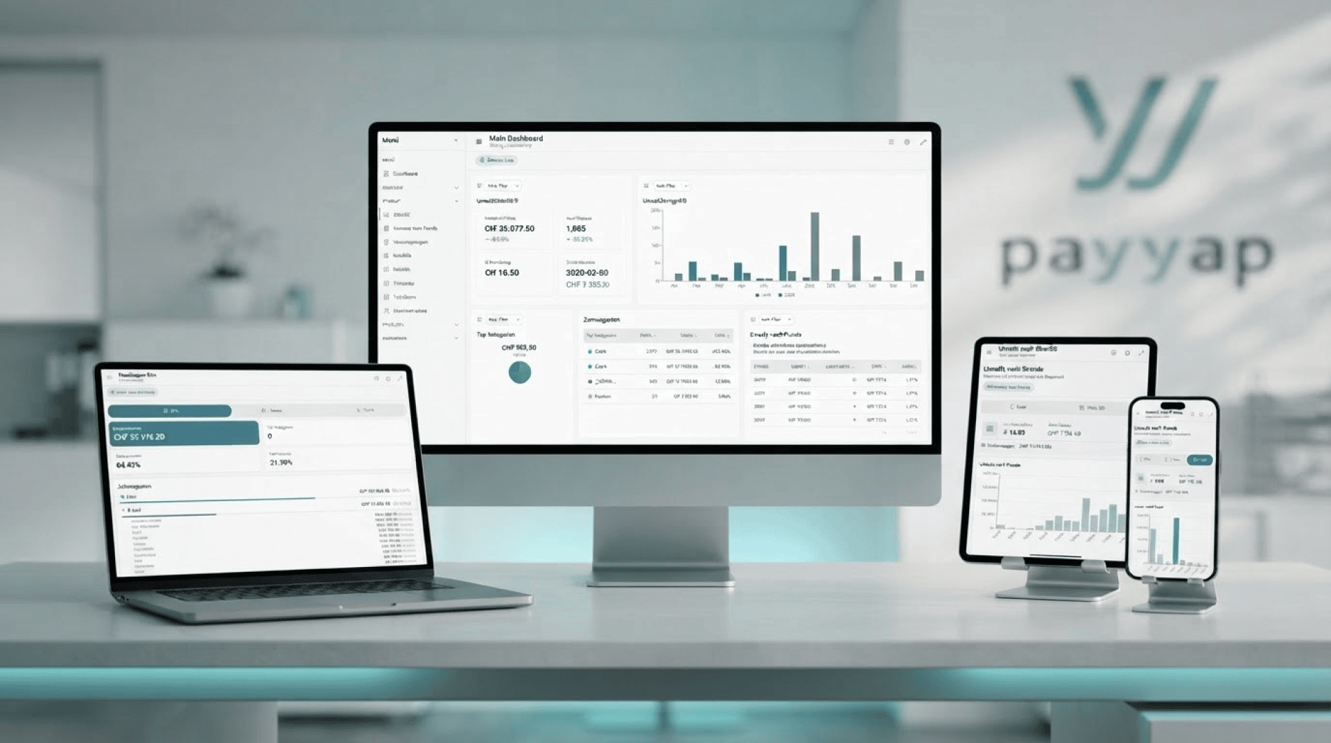 Auf einem modernen weißen Schreibtisch in einem hellen Büro sind Finanz-Dashboards auf einem Desktop-Computer, einem Laptop, einem Tablet und einem Smartphone zu sehen. Im Hintergrund sind das Wort „payyap“ und das dazugehörige Logo zu erkennen.
