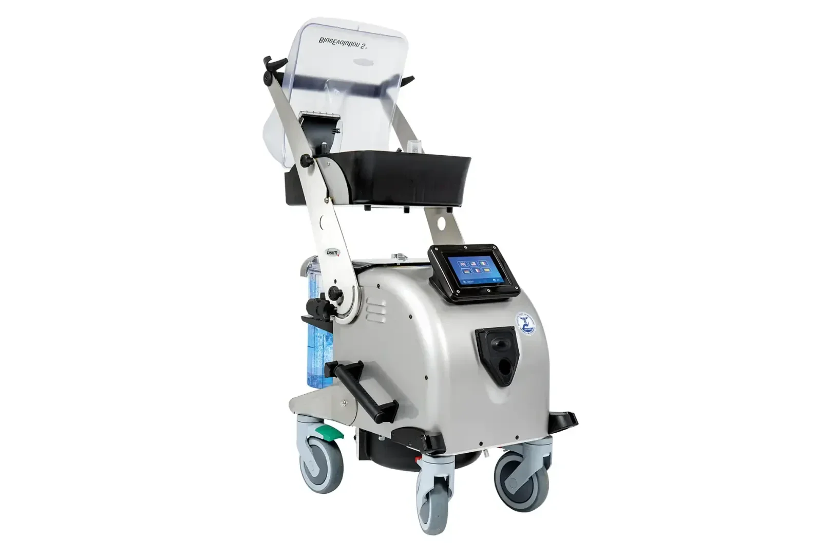 BlueEvolution S – industrielle Dampfreinigungsmaschine auf Rädern mit digitalem Display und Ablagefach.