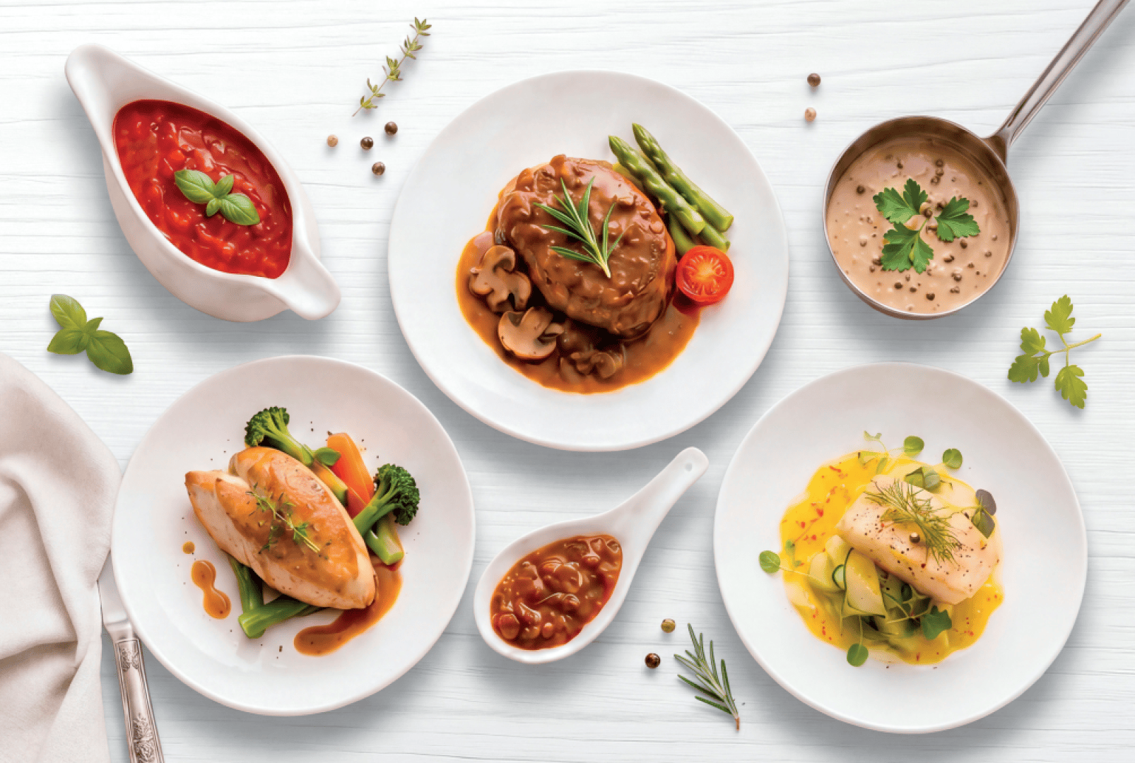 Auf vier Tellern sind Hähnchen- und Fischgerichte mit verschiedenen Gemüsesorten und Soßen angerichtet, dazu gibt es Soßenkännchen und Kräuter als Garnitur; alles ist auf einem weißen Tisch angerichtet.
