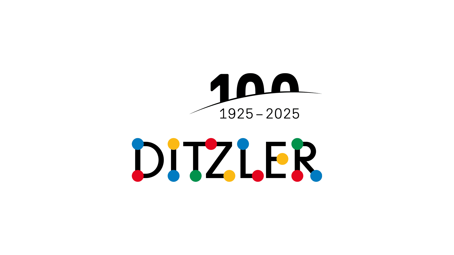 100 Jahre, 1925-2025, über dem Wort DITZLER in schwarzen Buchstaben, jeder Buchstabe verbunden durch bunte Punkte in Rot, Gelb, Blau und Grün.