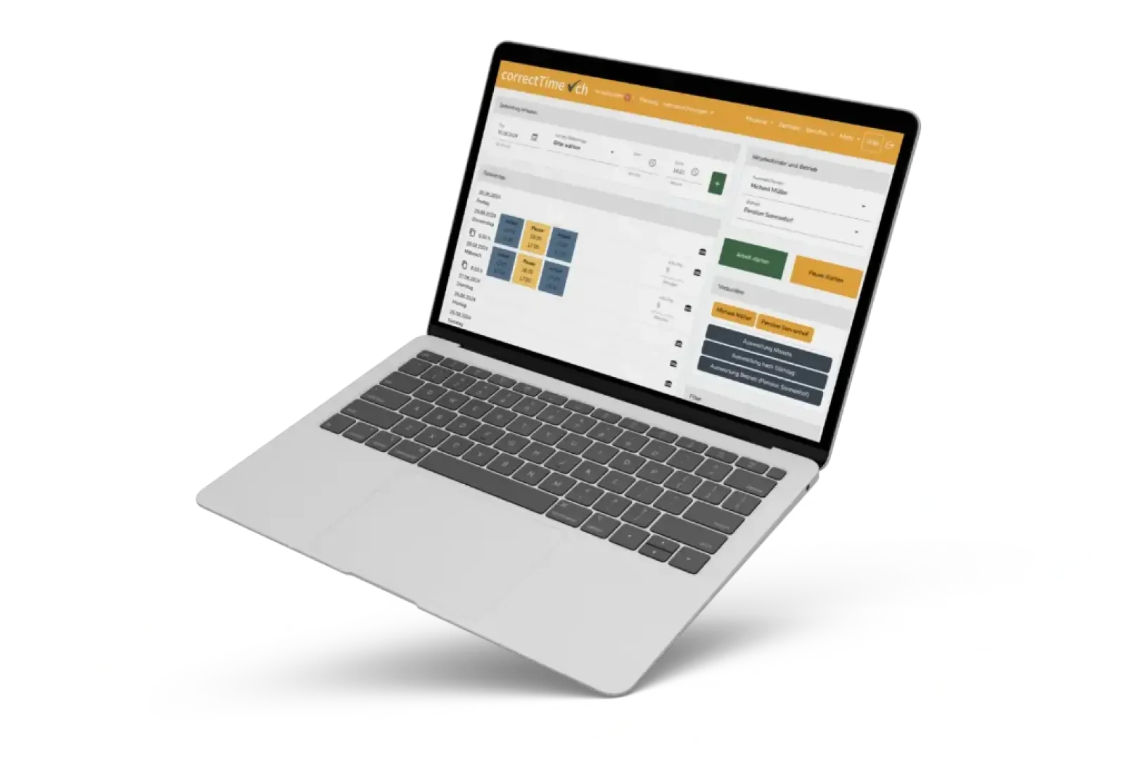Ein silberner Laptop, auf dessen Bildschirm die Benutzeroberfläche einer Terminplanungs- oder Projektmanagement-Software mit verschiedenfarbigen Blöcken, Schaltflächen und Menüs zu sehen ist, die vor einem schlichten weißen Hintergrund schweben.