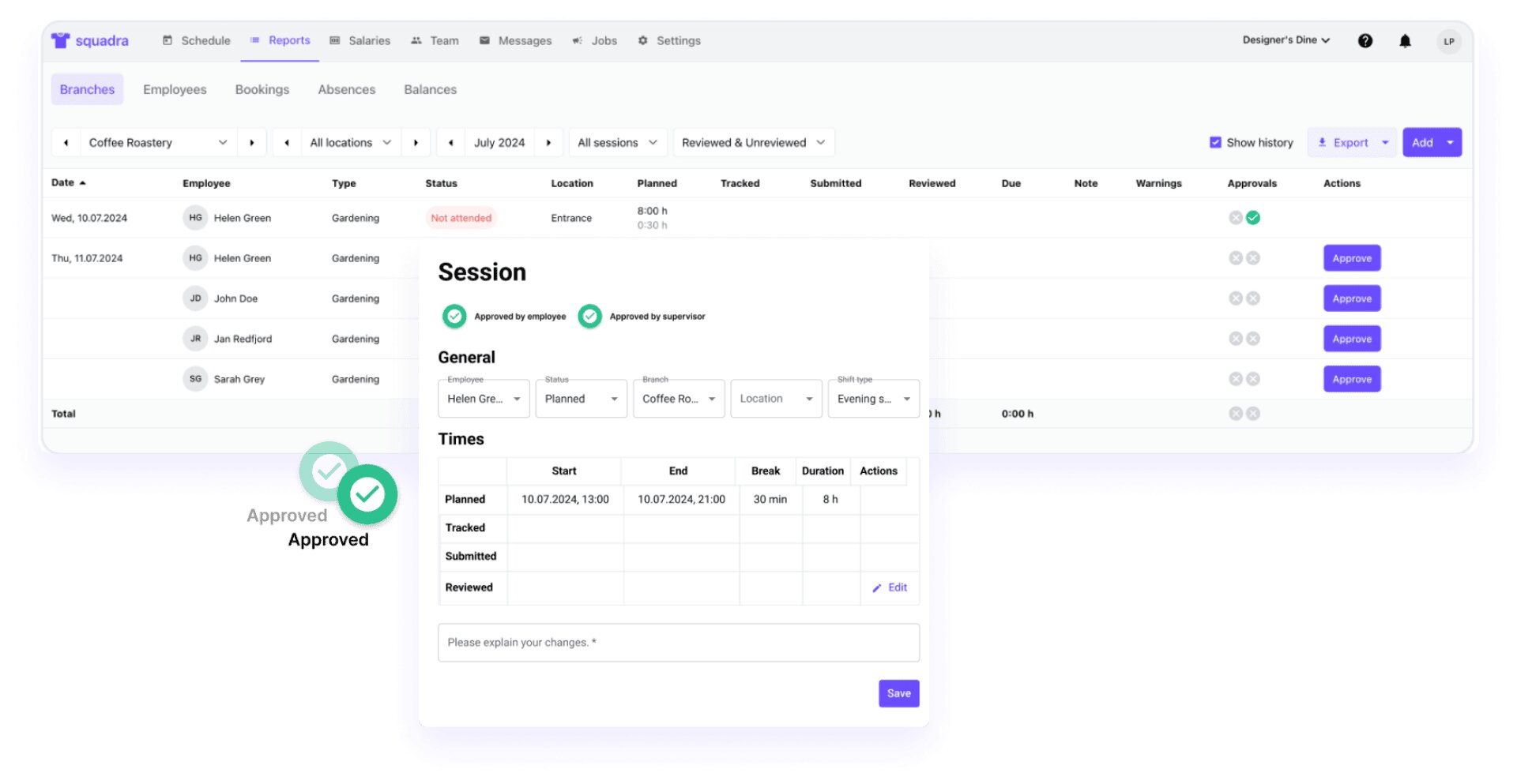 Squadra-Softwareoberfläche mit einem Modalfenster, das einen detaillierten Sitzungsbericht mit Informationen zur Arbeitsschicht der Mitarbeiter, Status-Dropdown-Menüs und einer Bearbeiten-Schaltfläche anzeigt.