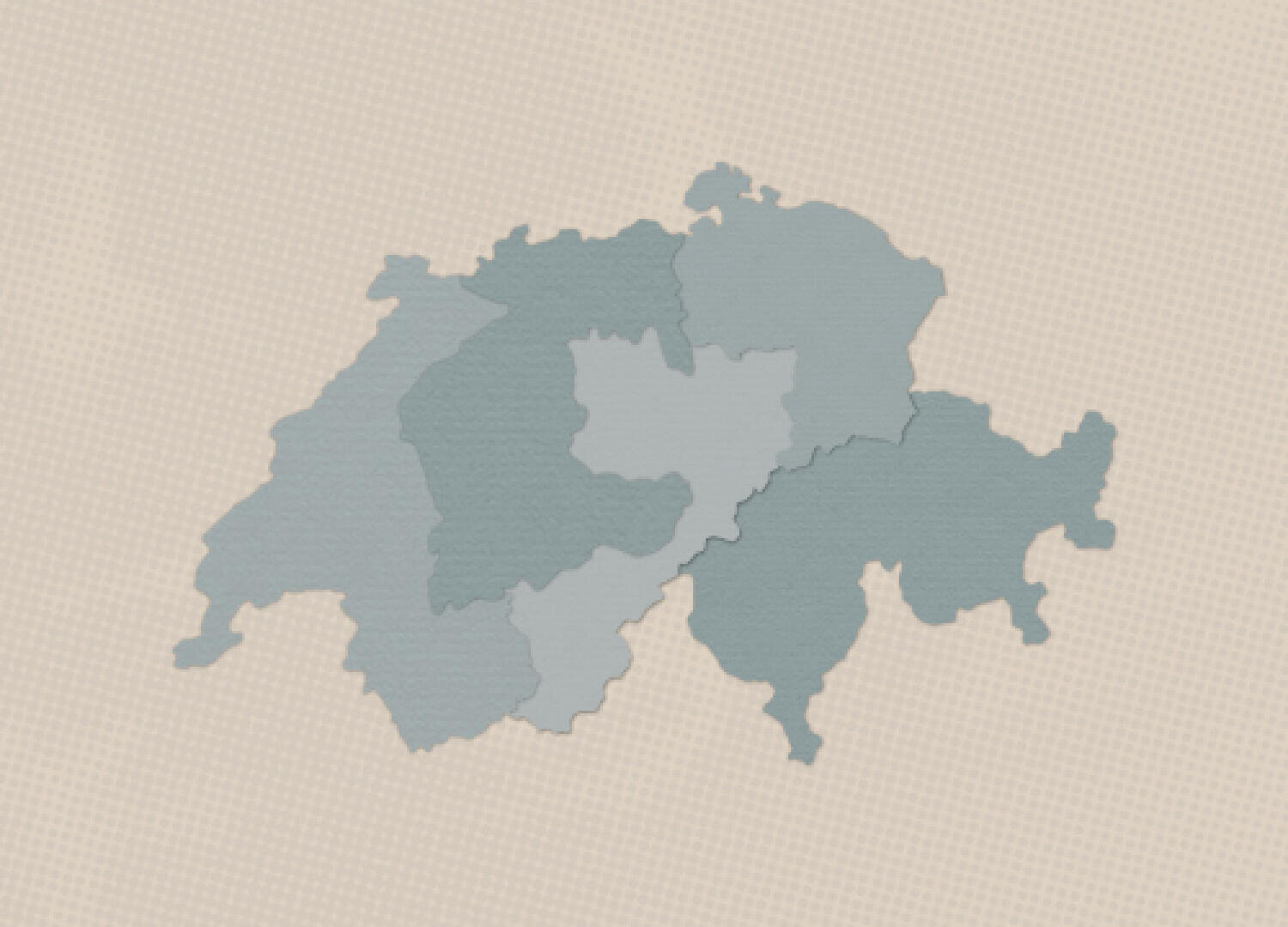 Eine einfache Kartenillustration der Schweiz, unterteilt in fünf schattierte Regionen, die jeweils in einem anderen gedeckten Blau- und Grauton auf einem beigefarbenen, strukturierten Hintergrund dargestellt sind.