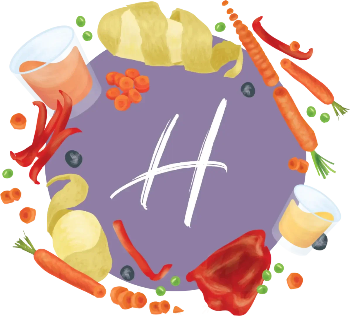 Ein violetter Kreis mit einem weißen H in der Mitte, umgeben von abgebildeten Gemüsesorten, Obst, Getränkebechern und Gemüseschalen, darunter Möhren, Paprika, Erbsen, Heidelbeeren und Kartoffelschalen.