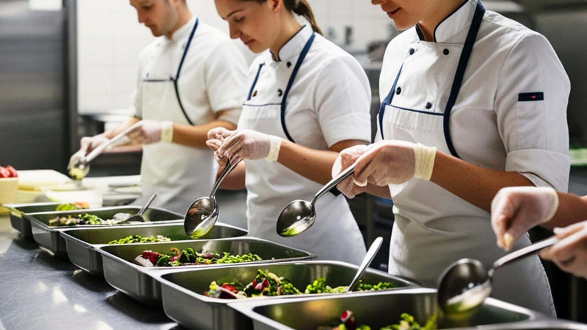 Vier Köche in weißen Uniformen und Handschuhen servieren mit Schöpflöffeln frische Salate von Metalltabletts in einer professionellen Küche.
