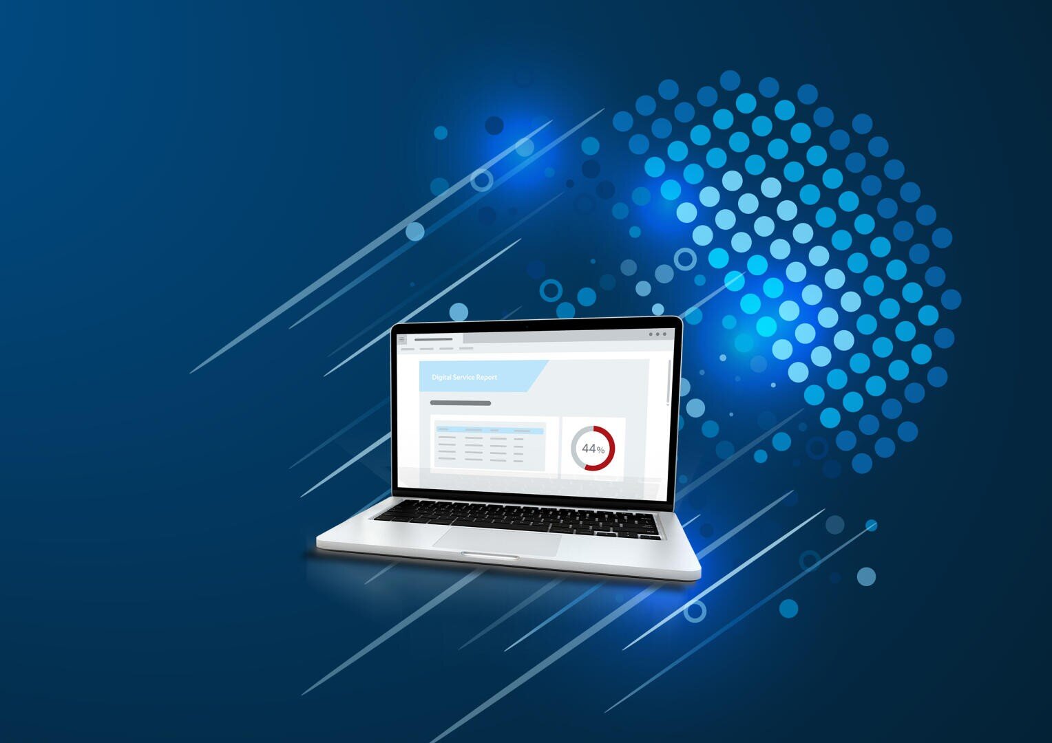 Ein Laptop, auf dessen Bildschirm ein digitaler Bericht mit einem roten Kreisdiagramm angezeigt wird, vor einem blauen Hintergrund mit abstrakten Punkt- und Streifenmustern.