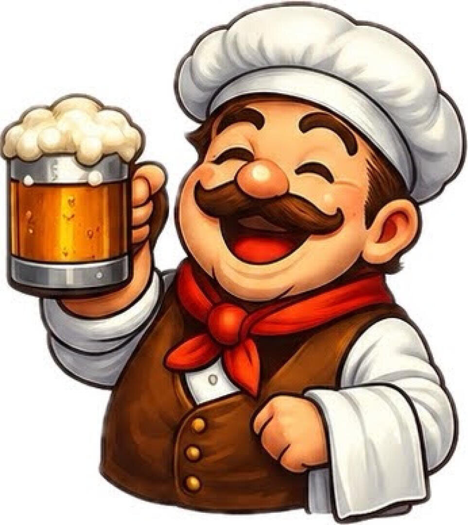 Ein fröhlicher Comic-Koch mit Schnurrbart, weißer Kochmütze und rotem Halstuch hält einen Becher mit schaumigem Bier in die Höhe und lächelt breit.