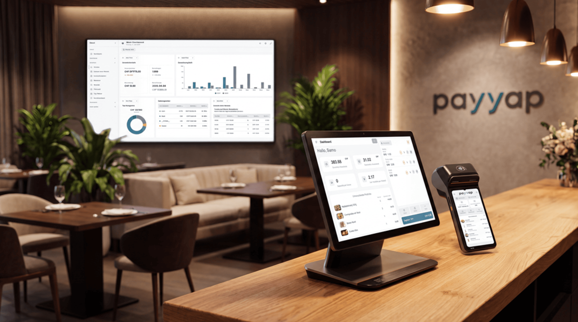 Ein modernes Restaurant mit digitalen Bezahlbildschirmen an der Theke, gedeckten Tischen, Pflanzen und einer Wandanzeige, auf der Geschäftsdaten angezeigt werden. An der Rückwand ist das Wort „payyap“ zu sehen.