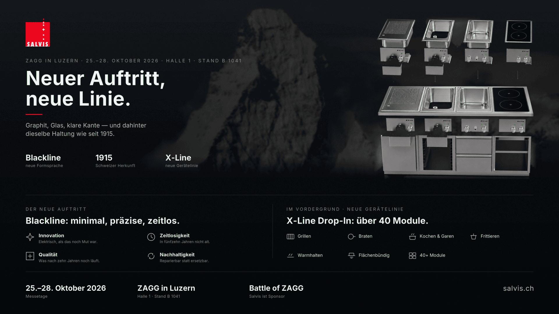 Dunkles Werbeplakat für Salvis-Küchengeräte, auf dem oben Edelstahlgeräte zu sehen sind, mit deutschem Text, fettgedruckten Überschriften, Veranstaltungsterminen und Produkt-Highlights der Serien Blackline und X-Line auf schwarzem Hintergrund.
