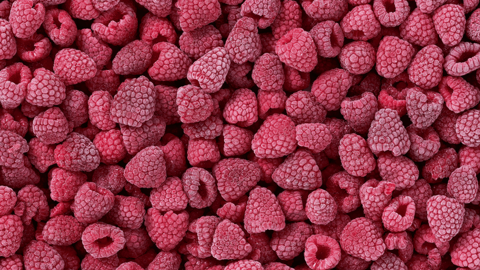 Eine Nahaufnahme von vielen gefrorenen Himbeeren. Die Beeren sind mit einer leichten Frostschicht bedeckt, die ihre Textur und ihre tiefrosa-rote Farbe hervorhebt.
