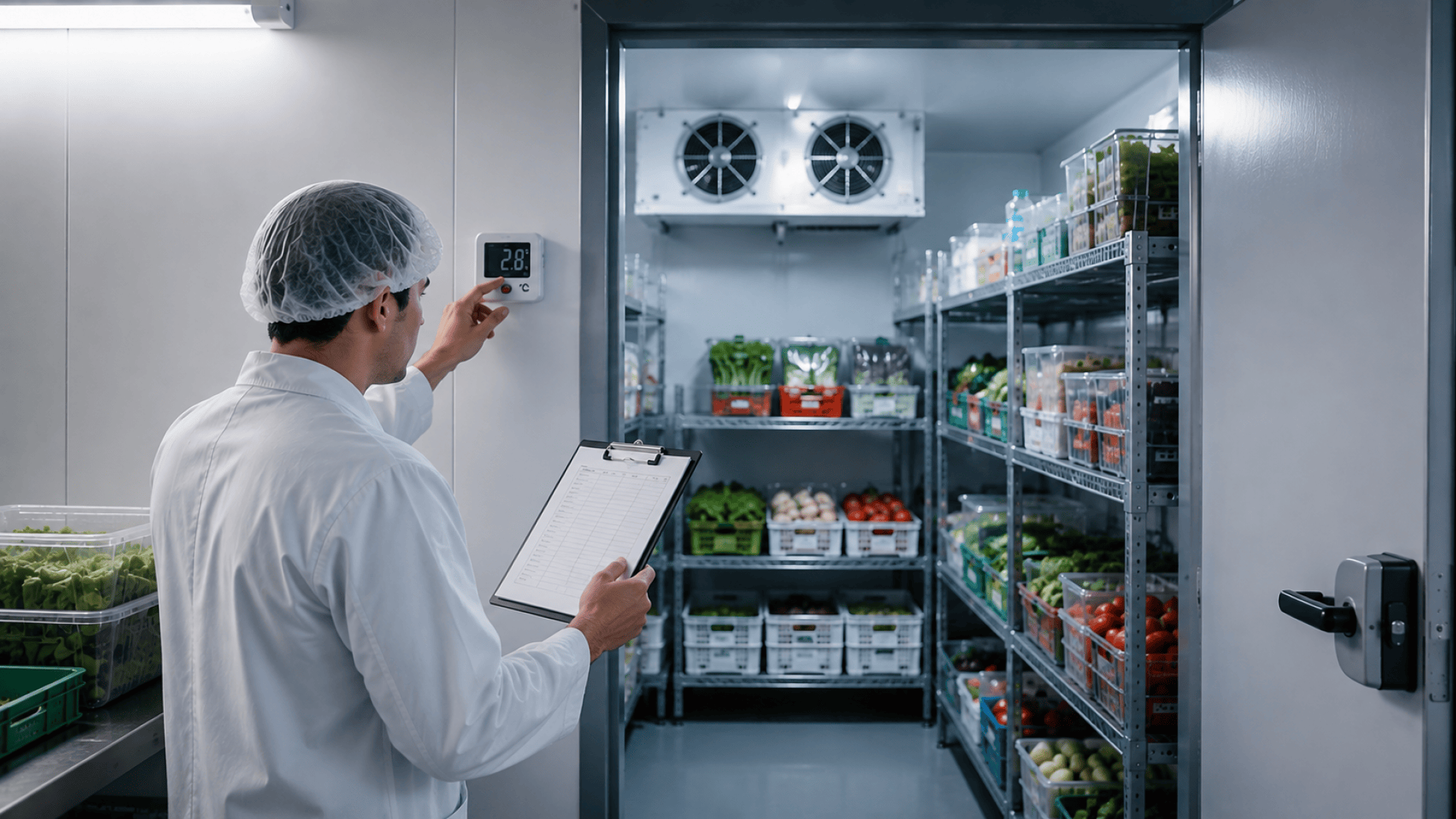 Eine Person in einem Laborkittel und einer Haube überprüft die Temperatur an einem Bedienfeld und hält ein Klemmbrett vor einem begehbaren Kühlraum, der mit ordentlich sortierten frischen Produkten und verpackten Lebensmitteln gefüllt ist.