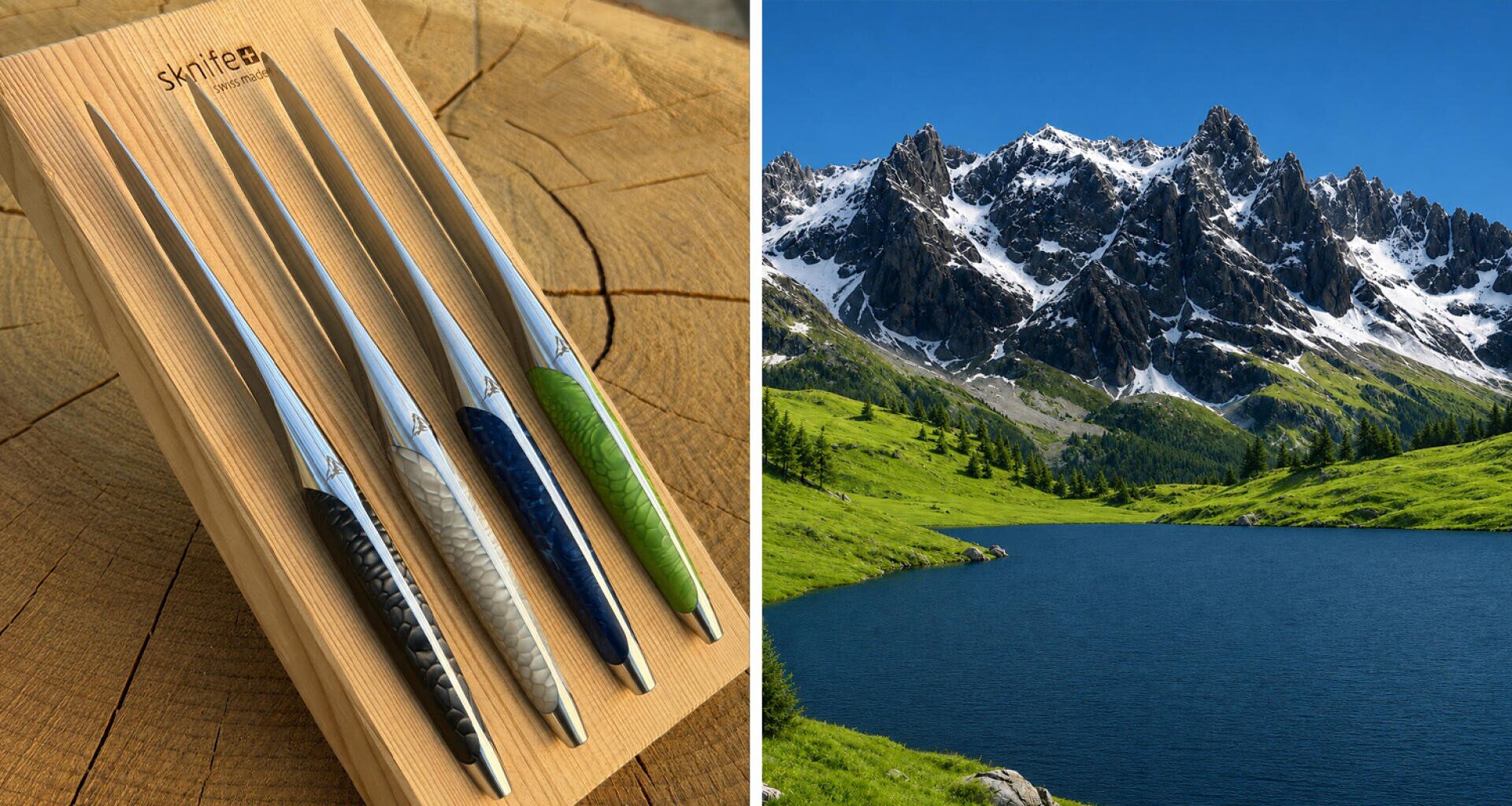 Vier Metallstifte in einer Holzschachtel auf einem Baumstumpf, dargestellt vor einer Landschaft mit einem blauen See, grünem Gras und schneebedeckten Bergen unter einem strahlend blauen Himmel.