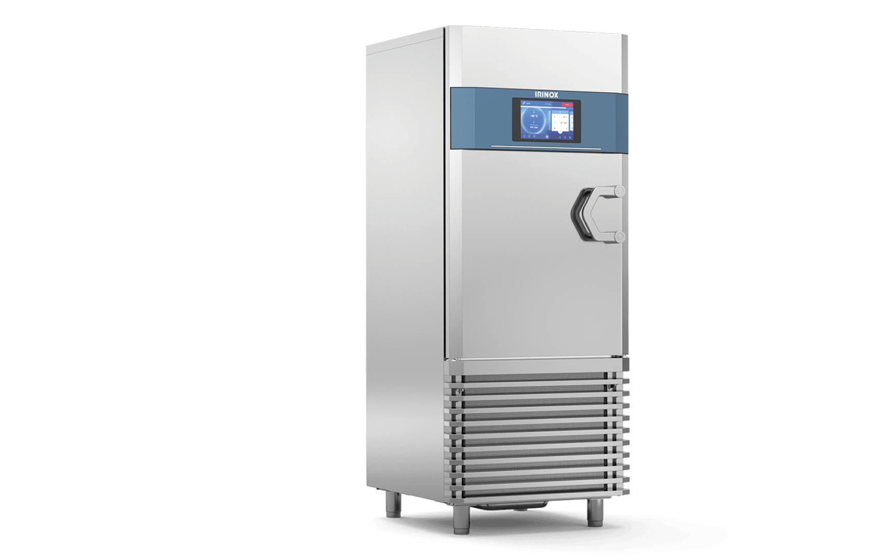 Hoher Irinox-Schockkühler aus Edelstahl mit digitalem Touchscreen-Display und robustem Türgriff.