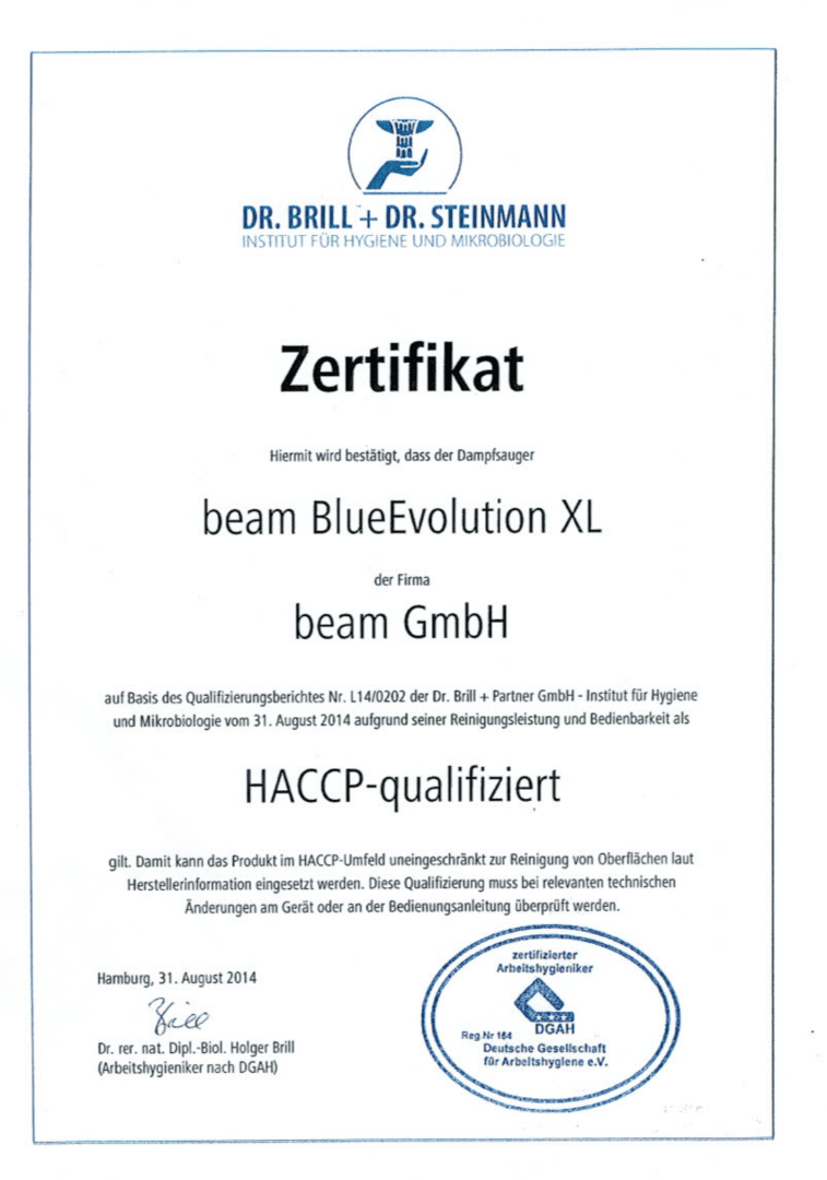 Ein deutsches Zertifikat für den Beam BlueEvolution XL der Firma beam GmbH, das die HACCP-Zertifizierung in den Bereichen Hygiene und Mikrobiologie bestätigt, mit offiziellen Unterschriften und einem blauen Logo am oberen Rand.