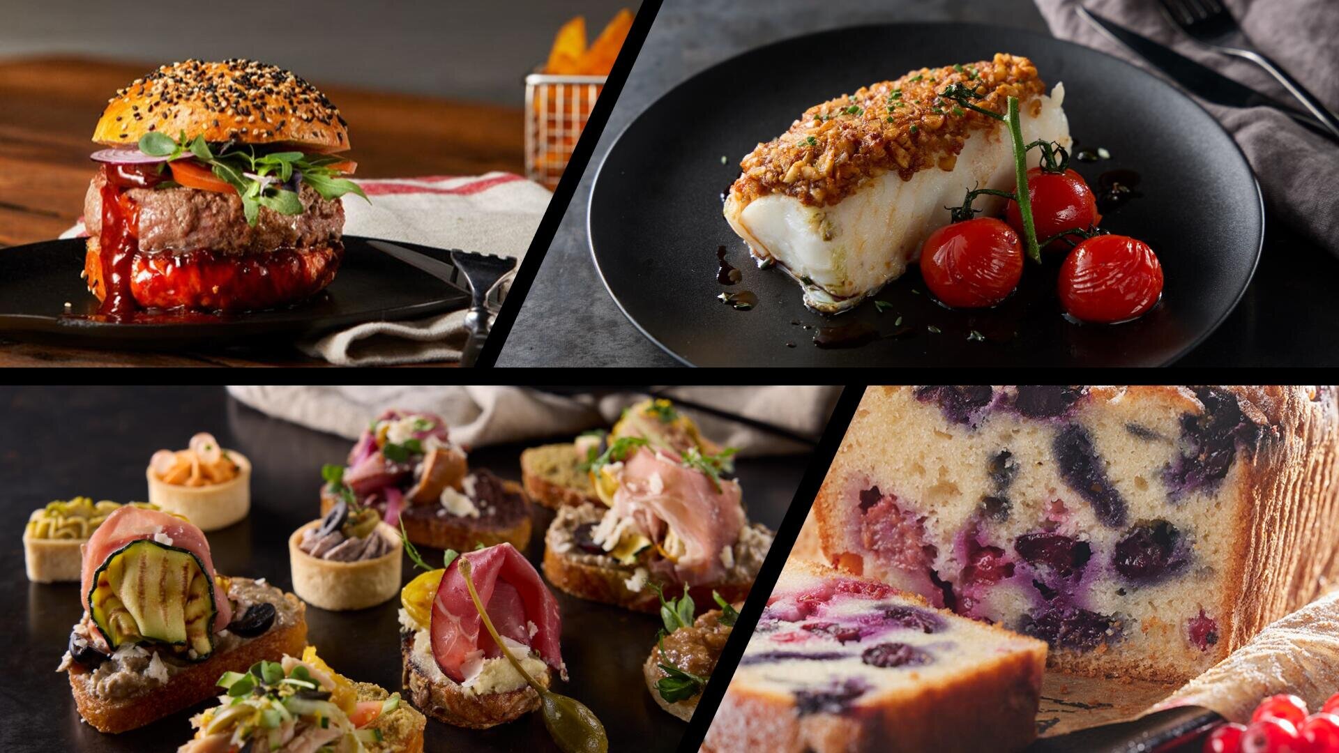 Eine Collage zeigt einen Gourmet-Burger, ein Kabeljaufilet mit Soße und Tomaten, verschiedene Vorspeisen mit Fleisch und Gemüse sowie ein in Scheiben geschnittenes Blaubeerkuchen-Brot.