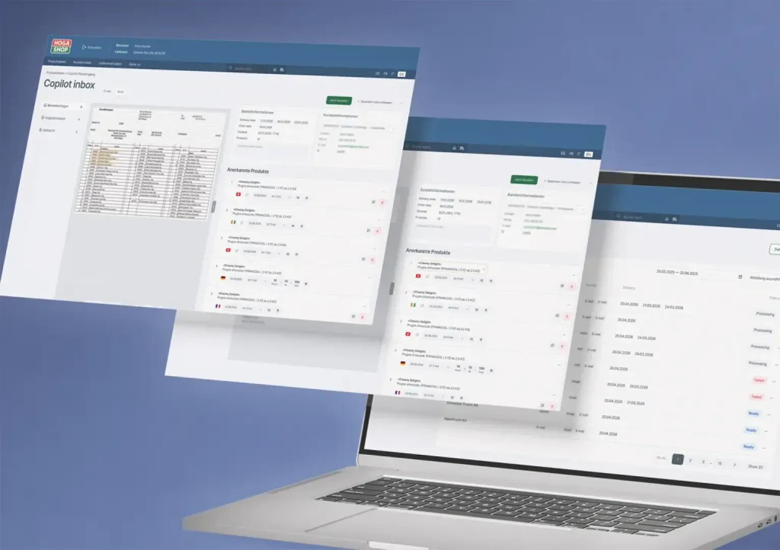Ein Laptop, auf dem das Hoga-Shop-Dashboard angezeigt wird, mit drei überlappenden Fenstern, die eine Copilot-Posteingangsansicht mit Produktlisten und Angaben zum Bestellstatus zeigen.