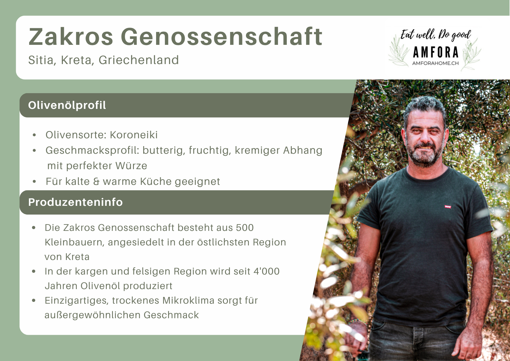 Infografik zum Olivenöl aus Zakros mit der Abbildung eines bärtigen Mannes in einem T-Shirt, einschließlich Details zum Produktprofil und Hintergrundinformationen zum Hersteller auf Deutsch.