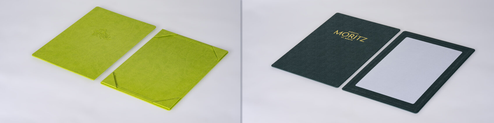 Zwei limettengrüne Speisekartenumschläge und zwei dunkelgraue Speisekartenumschläge, von denen einer den in Goldschrift gehaltenen Schriftzug Bistrot Moritz St. Moritz trägt.