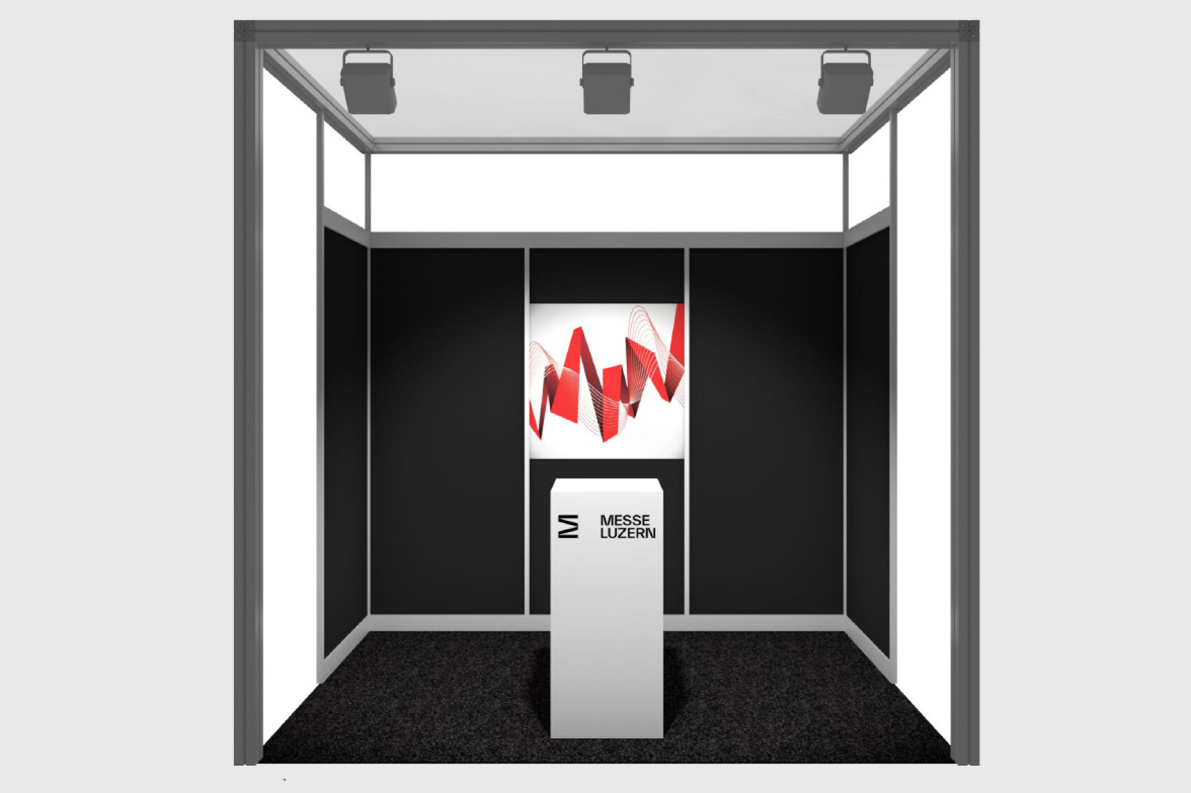 Ein kleiner Messestand mit schwarzen Wänden, einem weißen Podium mit der Aufschrift Messe Luzern und einem Display mit abstrakten roten Wellen. Drei Lampen hängen von der Decke und beleuchten den Stand.
