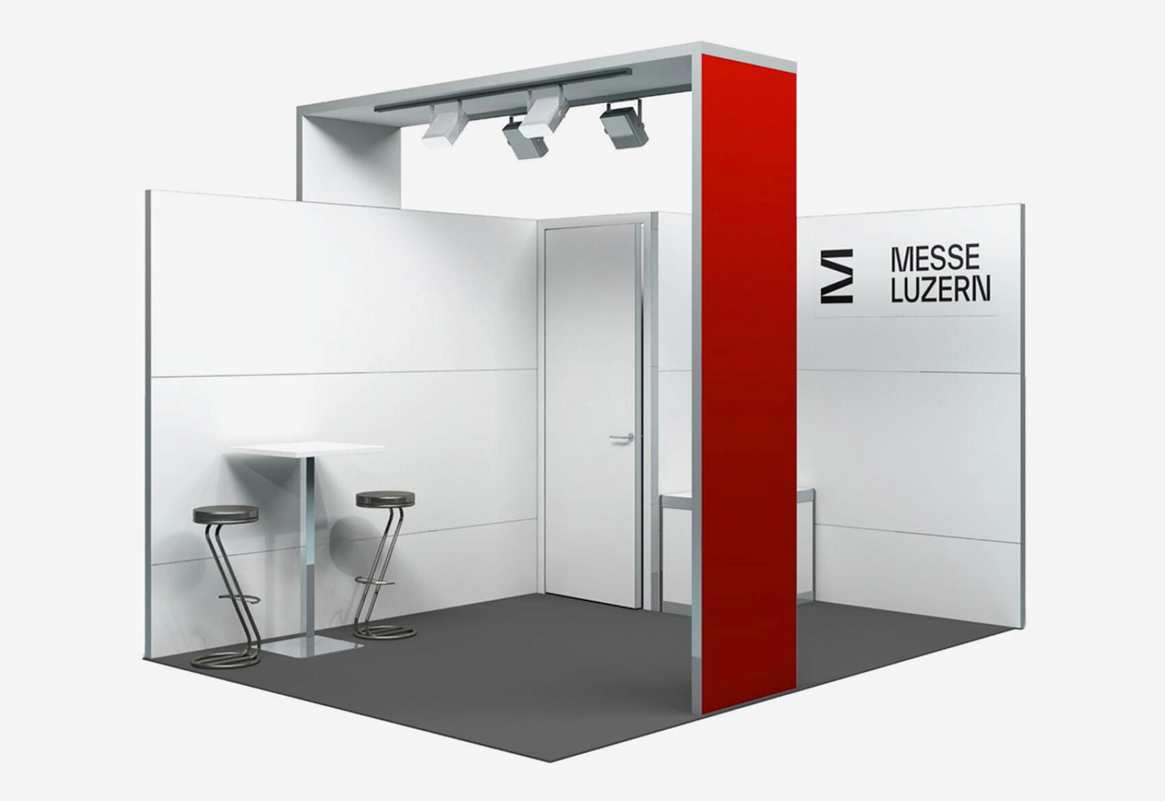 Visualisierung eines offenen Messestands mit zwei Barhockern, einem Stehtisch und roten sowie weissen Wandelementen mit dem Logo der Messe Luzern.