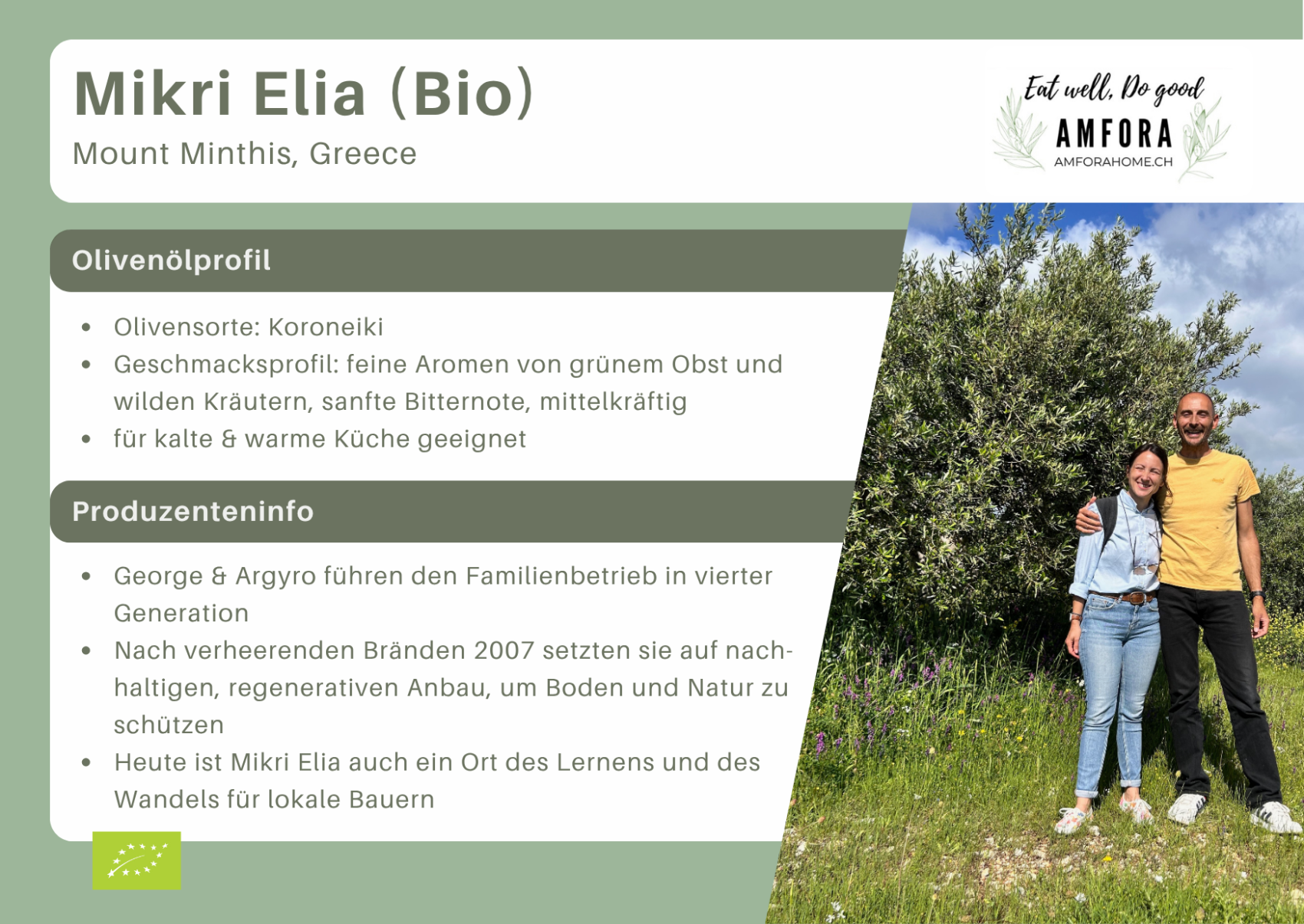 Informationsblatt zum Olivenöl Mikri Elia vom Berg Minthis mit Angaben zum Erzeuger und einem Foto von George und Argyro in einem Olivenhain.