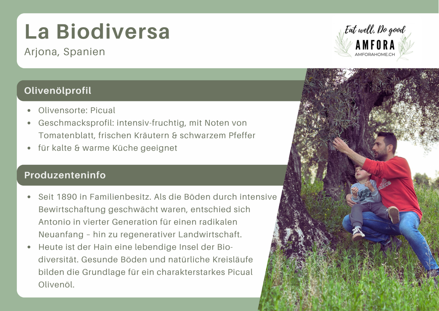 Infografik für das Olivenöl La Biodiversa mit der Abbildung eines Mannes und eines Kindes in einem Olivenhain, einschließlich Produktprofil und Informationen zum Hersteller.